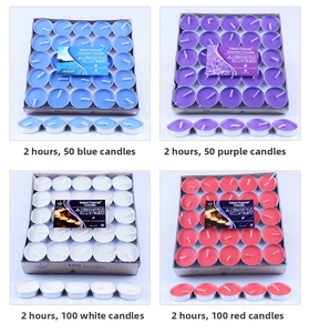 Detailed view of four types of smokeless tea light candles in 50 and 100 count packs
