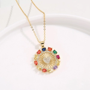 18K gold plated necklace with colorful gemstone Ferris wheel pendant and heart center