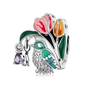 S925 sterling silver bird and tulip enamel charm pendant with purple zircon teardrop