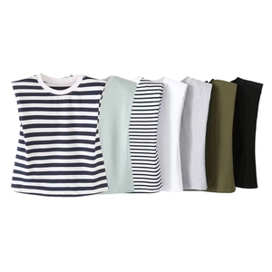 Maglietta Senza Maniche In Cotone Da Donna Girocollo Spalline Stile Urbano Casual Maglia Muscle Canotta Tinta Unita Righe
