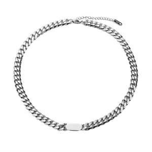 Silver stainless steel Cuban link necklace with rectangular pendant on white background