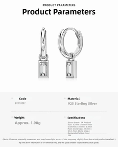 Detail view of S925 sterling silver hoop earrings with rectangular 5A zircon stone pendants