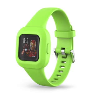 Detail des leuchtend grünen Silikonarmbands mit Iron Man für GarminFit JR3