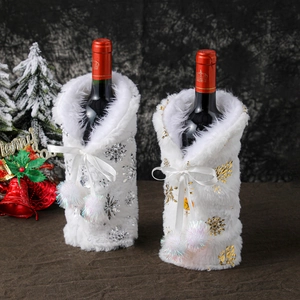 Christmas Wine Bottle Cover White Plush Faux Fur Snowflake Pattern Ribbon Bow Pom Poms Festive Table Decor