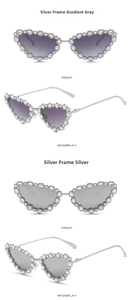 Detailed front and side views of silver cat eye sunglasses with rhinestone frames