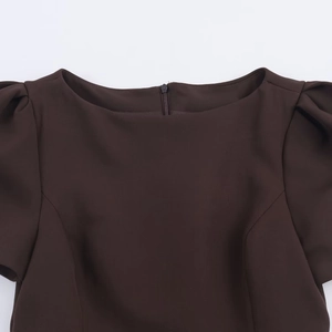 Detail view of coffee brown dress featuring puff sleeves and a concealed back zipper