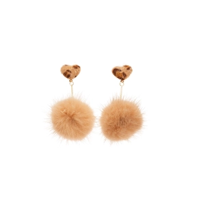 Leopard print heart earrings with plush fur pompom pendants in stylish camel color