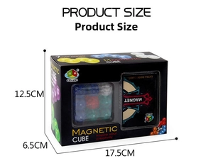 Detailed product dimensions for the magnetic cube blocks set in a premium gift box