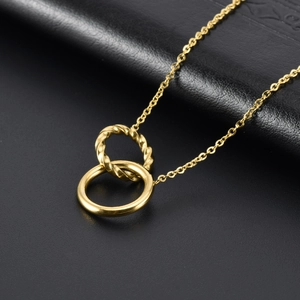 Interlocking double ring titanium necklace in gold with twisted rope texture design