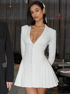 Women Sexy Deep V Neck Blazer Dress Long Sleeve Button Up Pleated Hem Mini Suit Dress Polyester Spandex Elegant Party