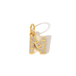 Detail of PVD gold-plated 316L stainless steel letter N pendant with pavé zircon stones