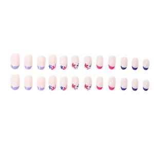 24-piece round press-on nails set featuring colorful French tips and floral patterns