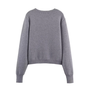 Back view of a gray crewneck knit cardigan with ribbed cuffs and hem in a soft wool blend