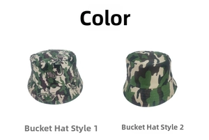 Detail of outdoor sun hats showing graffiti digital camouflage vs classic green patterns