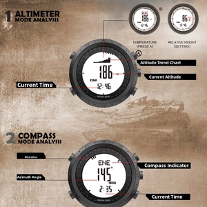 Detail of outdoor watch displaying altimeter altitude data and compass navigation mode