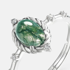 S925 sterling silver moss agate ring with oval green gemstone and side zircon accents