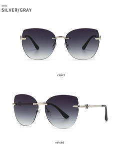 Detailed front and 45-degree side view of rimless cat eye sunglasses with silver metal frame