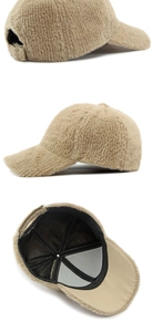 Detailed views of a khaki plush baseball cap showing back buckle, profile and inner lining
