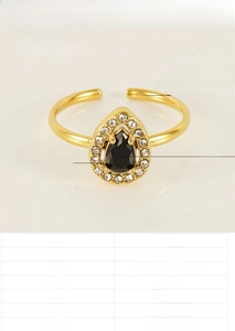Detail of water drop black zircon on 18K gold plated stainless steel open ring