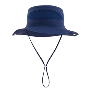 Detail of navy blue sun hat showing breathable mesh top and adjustable white chin strap