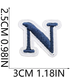 Mini navy blue embroidered letter N patch with white border for clothing and bags