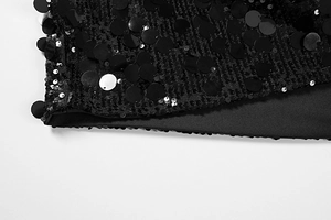 Close-up of black sequin embellishments and fine stitching on the mini bodycon dress