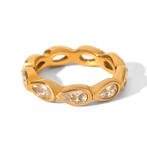 Detail of gold-plated ring with teardrop zirconia stones in a continuous setting