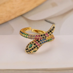 Gold-plated snake-shaped open ring with colorful zircon stones and green gem eyes