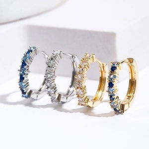 Square Zirconia Copper Hoop Earrings For Women Inlaid Geometric Blue White Zircon Electroplated Huggie Earrings Jewelry