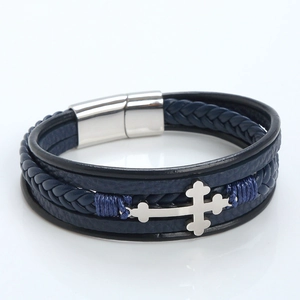 Handcrafted multilayer leather cross bracelet for men with silver magnetic clasp in navy