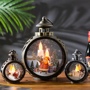 Christmas Lantern Round Vintage LED Electronic Candle Light Desktop Hanging Ornament Santa Snowman Holiday Atmosphere Decor