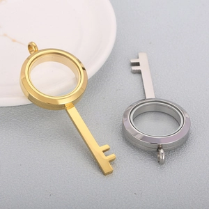 Locket necklace in gold and silver key shape with glass window for DIY jewelry