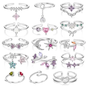 Adjustable Open Rings 925 Sterling Silver Cubic Zirconia Opal Heart Star Moon Flower Bow Jewelry For Women