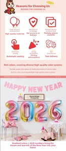 Detail of 2026 rainbow gradient foil balloons and Happy New Year pink banner backdrop