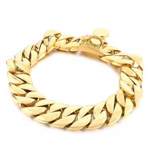 Strong golden stainless steel Cuban link dog collar for large dogs with engraved clasp