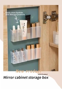 Detailed view of wall-mounted clear storage box for lipsticks and skincare in a cabinet