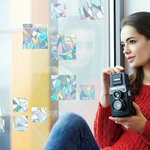 Rainbow prism static window film featuring mosaic patterns with vibrant colorful light effects