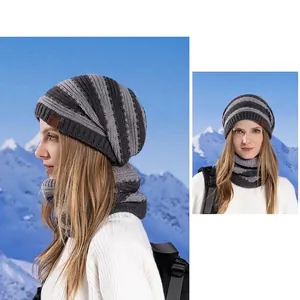 Winter striped knit beanie and scarf set with fleece lining for men and women in gray color