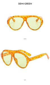 Front and side views of demi-green pilot sunglasses with vintage tortoiseshell texture