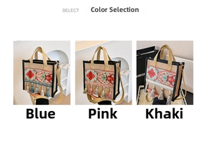 Three color options for embroidered boho tote bags: blue, pink and khaki with tassels