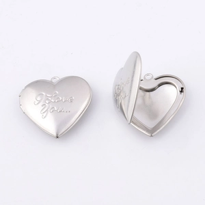 316L stainless steel heart locket pendant with I Love You engraving shown open and closed