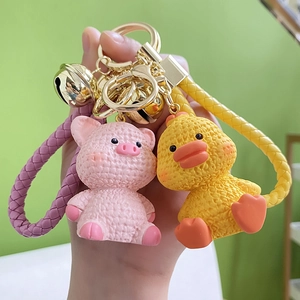 Cute Cartoon Animal Keychain Resin Knitted Texture Pig Rabbit Dinosaur Duck Pendant With Braided Strap And Bell Bag Charm