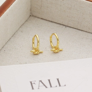 Detailed close-up of gold-plated S925 silver knot hoop earrings in a jewelry box