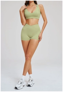 Detail der High-Waist Yoga-Shorts und des V-Ausschnitt Sport-BHs in Salbeigrün mit Nähten