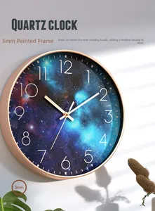 Detailed view of quartz wall clock with starry sky dial and 5mm rose gold painted frame