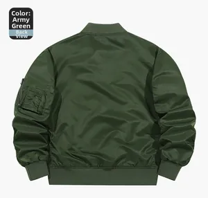 Rear view of a classic army green flight bomber jacket with ribbed cuffs and hem