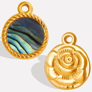 Macro detail of a 304 stainless steel golden twisted pendant with abalone shell inlay