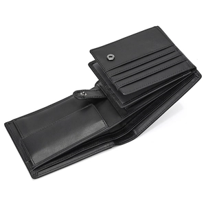 Detailed view of genuine leather tri-fold wallet with coin pocket and multiple card slots