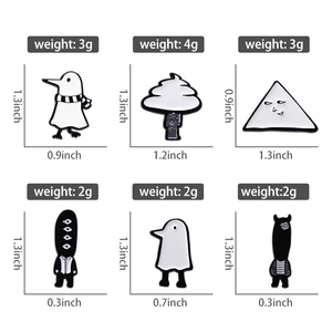 Detailed size chart for six unique black and white enamel pins with dimensions and weight