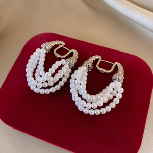 French style layered pearl horseshoe earrings with silver clasp and zircon details